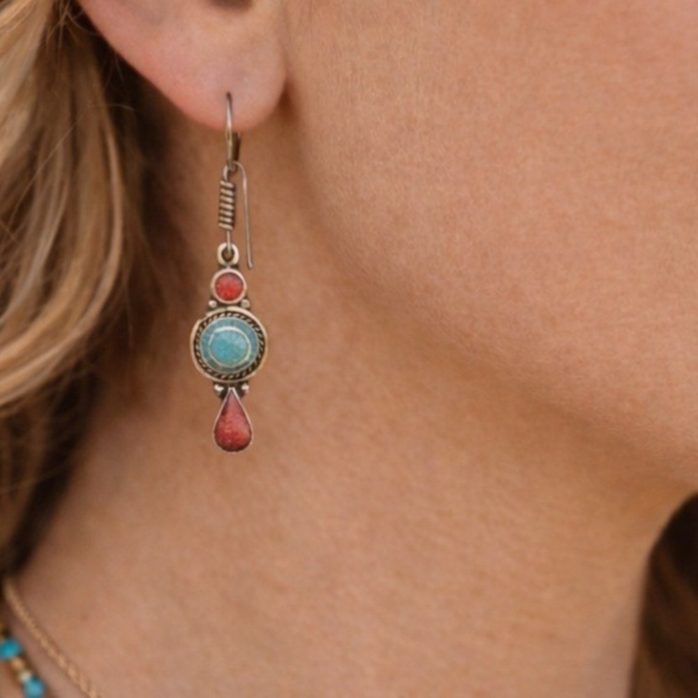 Tibetan Handmade‎ Dangle Earrings Coral & Lapis Gemstone #0667